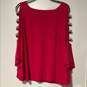 Roz & Ali Pink Flutter Sleeve Blouse with Rhinestone Cut Out Design